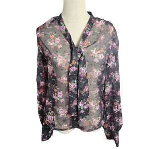 Banned Black Sheer Floral Tie Neck  Blouse Top